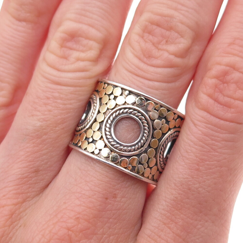Anna Beck 925 Sterling Silver 2-Tone Vintage Wide Band Dots Ring Size 9.25
